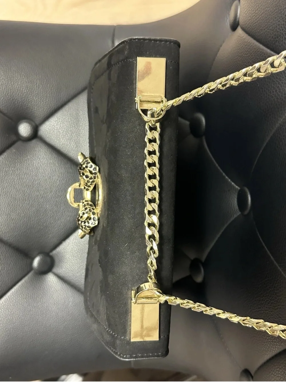 Topshop Black/Gold Panther Detail Crossbody Bag Handbag  Faux Leather